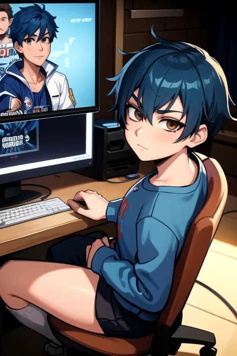 (best quality: 1.0), (super high resolution: 1.0), anime boy, short blue hair, brown eyes, sitting in front of computer playing ...