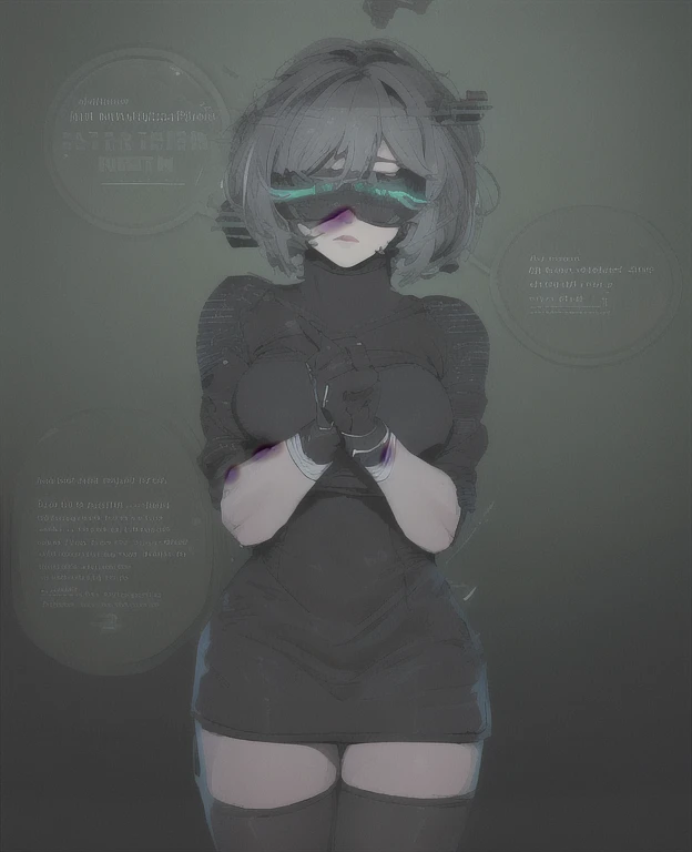 ((The best quality)), ((Masterpiece)), (Very detailed:1.3), ..............3D, beautiful (Cyberpunk:1.3) hacker woman, short hairstyle,short hair, Return to viewer, Thick hair, Operating computer terminal, head mounted display, computer server, LCD screen, ...