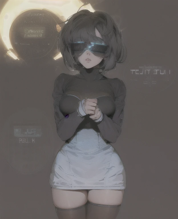 ((The best quality)), ((Masterpiece)), (Very detailed:1.3), ..............3D, beautiful (Cyberpunk:1.3) hacker woman, short hairstyle,short hair, Return to viewer, Thick hair, Operating computer terminal, head mounted display, computer server, LCD screen, ...