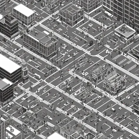 a black and white isometric illustration of a city with people walking around, new york city lineart, detailed street, detailed illustration, busy streets, busy street, busy small town street, busy cityscape, isometric illustration fun, 2.5d game lineart b...