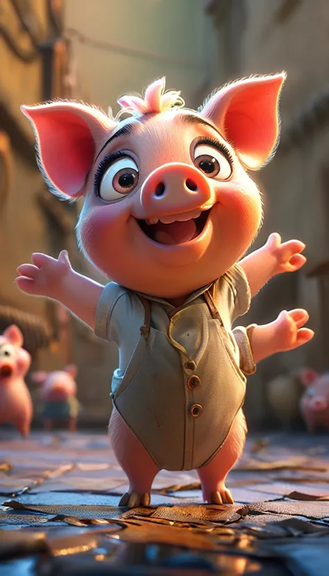 cute tiny piggy, cartoon , arms, hands ,cute eyes, looking at viewer, arms up, dirty background, piggy ears