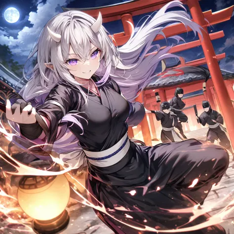 Long silver hair, Smile Torii Tai Chi

, black ninja, full moon, purple eyes, white horns