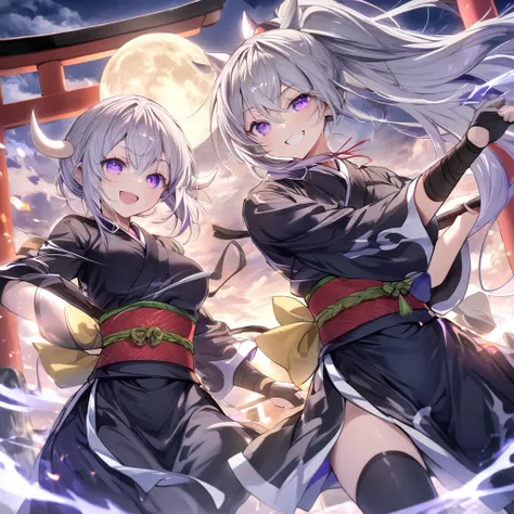 Long silver hair, Smile Torii Tai Chi

, black ninja, full moon, purple eyes, white horns