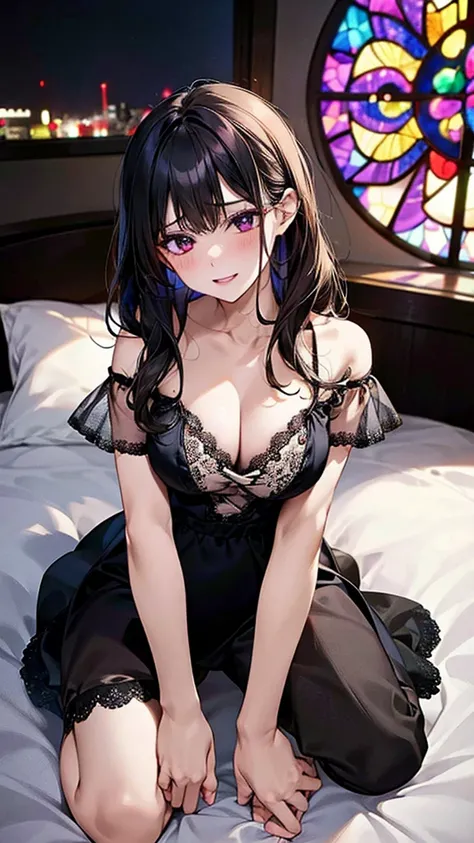 See-through,Lace fabric,Off the shoulder,Cleavage,From below,On all fours:1.5,Black clothes, hotel room with bed, Stained glass background,Tokyo night view, hand on bed, Pinch your hands between your thighs,Leg spread,M字Leg spread,orgasm,Ahegao,Straddle a ...