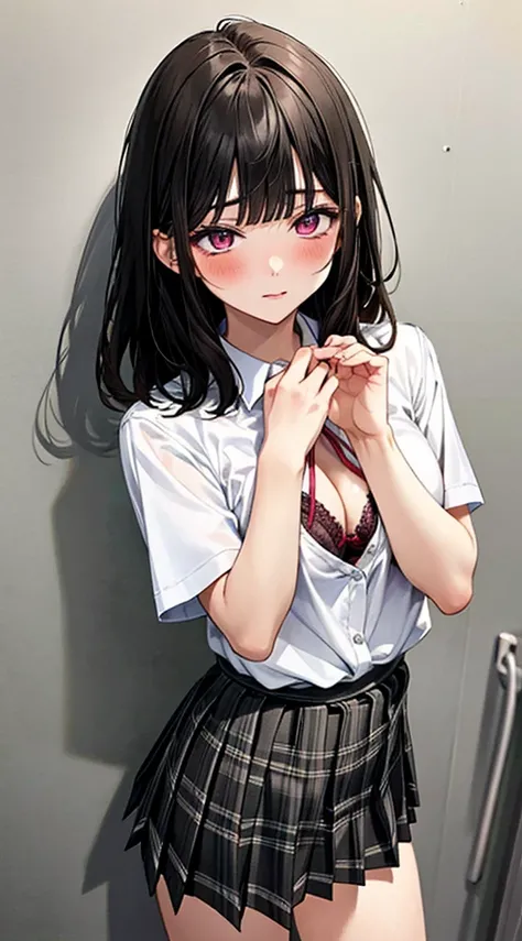 (masterpiece, best quality),
1girl, standing, undressing, hands on chest, cowboy shot,,

BREAK girl, 18yo, (medium breasts:1.1), black hair, (medium hair:1.2), (curly hair:0.9), blunt bangs,
pink eyes, ultra detailed eyes,(tareme:1.1),
half-closed eyes, bl...