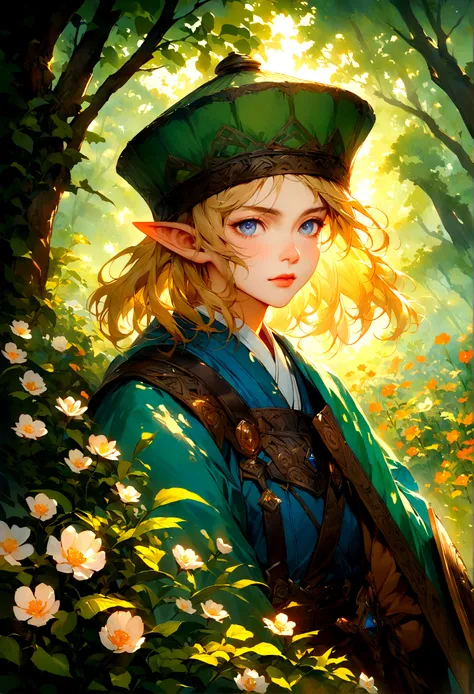 Legend of Zelda，A boy with blonde hair and pointed ears, wearing a green hat and a blue tunic, holding a sword and a shield, standing in a vast green field filled with tall grass and blooming flowers, surrounded by lush trees. The boy has intense blue eyes...