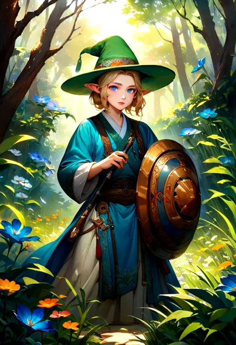 Legend of Zelda，A boy with blonde hair and pointed ears, wearing a green hat and a blue tunic, holding a sword and a shield, standing in a vast green field filled with tall grass and blooming flowers, surrounded by lush trees. The boy has intense blue eyes...