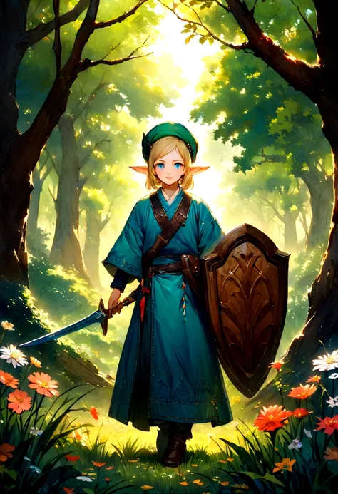 Legend of Zelda，A boy with blonde hair and pointed ears, wearing a green hat and a blue tunic, holding a sword and a shield, standing in a vast green field filled with tall grass and blooming flowers, surrounded by lush trees. The boy has intense blue eyes...