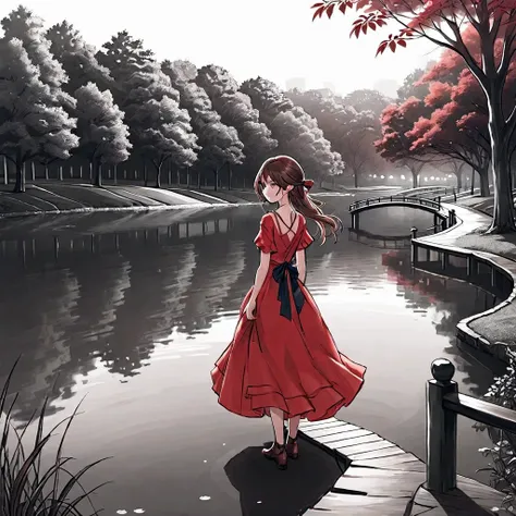 A young and beautiful maiden，Wearing a red dress，Walking alone by the lake in the park。Line drawing style，Suspenseful dark style。