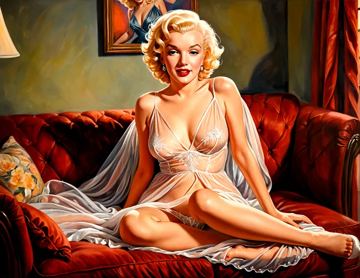 (Marilyn Monroe (age 25) sheer night gown open, no underwear) playfully posing on the couch. she is warm and inviting. Oil painting
