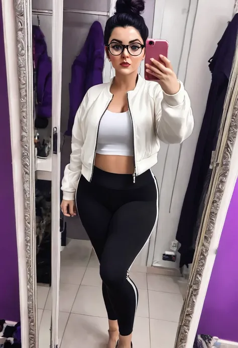 white girl a little chubby, culona, wide legs, waist a little big, with dark purple leggings, a black and white jacket, short black hair with bun and oval glasses, taking a selfie of your entire body in the mirror