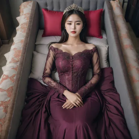 in a striking 8k hdr scene, a stunning korean woman, 22 years old, lies peacefully in a black coffin surrounded by plush pillows...