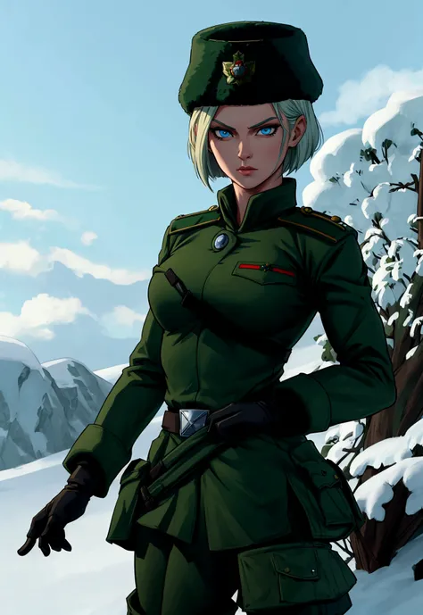 androide 18 dbz, Very detailed, winter, Android 18, by rubio, Blue eyes, short hair, green military uniform, Russian military uniform green, green gloves russian hat, ushanka Russian,