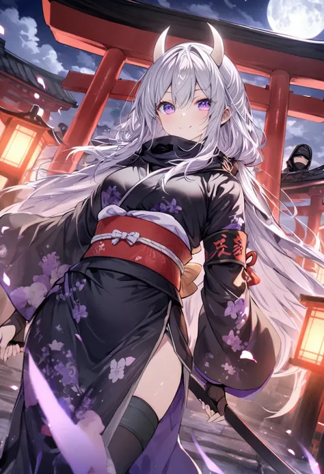 Long silver hair, Smile Torii セクシー

, black ninja, full moon, purple eyes, white horns