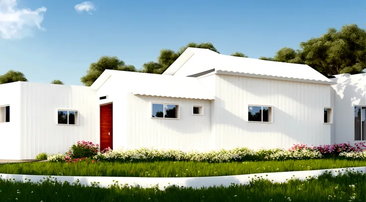 Exterior landscape of modern one-story roadside house, (White wall:1.5), Wooden ceiling, granite, glass doors, glass railings, simple but elegant interior, surrounded by flowers and grass, blending with nature Nature, fresh air, natural light, surreal, hig...