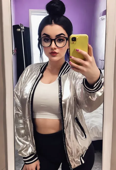 white girl a little chubby, culona, wide legs, waist a little big, with dark purple leggings, a black and white jacket, short black hair with bun and oval glasses, taking a selfie of your entire body in the mirror