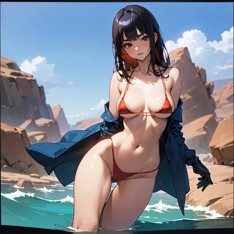 NSFW, (((Uncensored))), (((Clear picture))). high image quality, high resolution, 18 year old beautiful girl、shiny black hair、Hime cut、Brown eyes, dark eyebrows, J-cup huge breasts、172cm tall、tightened waist,、red bikini, sexy pose, Sandy Beach、Blue sky