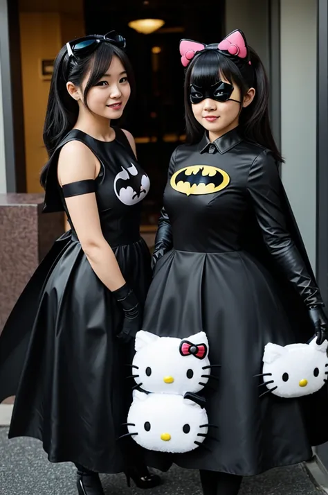 Hello Kitty dressed as Batman and at her side Batman dressed as Hello Kitty 