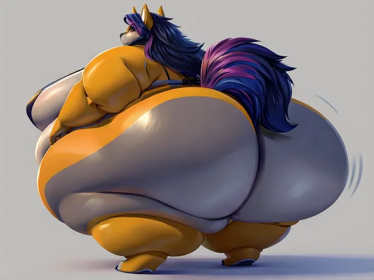 Wolf, female, long hair, huge breasts, huge hips, huge thighs, plump, voluptuous,, gorgeous, beautiful, eyelashes,huge ass,fat arms, fat legs, hands on ass,messy hair, colourful fur, walking,back view, obese, walking, wobbling ass, black nipples ,claws, pa...