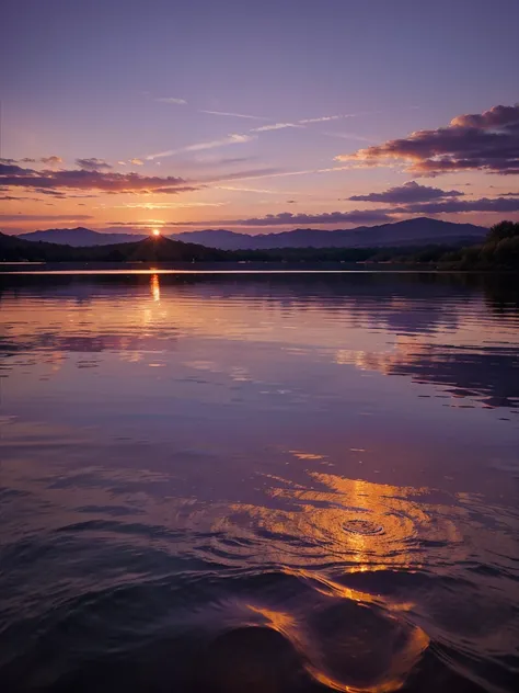 “Generate an image of a serene sunset over a calm lake, with purple and orange hues.”