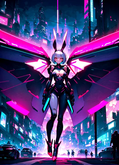 [Cyberpunk,Girl,The center of the picture,frontage，Mechanical,Metallic,robotic limb,high-heels，(Huge wings),(Rabbit ears)],Futuristic city landscape,nigth,Suspended in the street，Science fiction elements,urban chic,