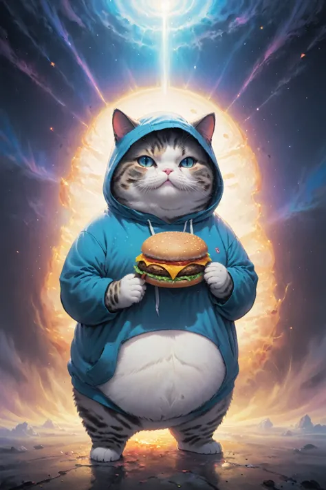 cosmic canvas,(dystopian background:1.3), flawless, clean, masterpiece, painting of a chubby cat, wearing hoodie, holding burger, light fog,   