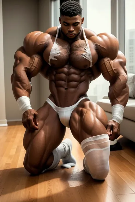  sexy african american teenager with semi-short hair and a lot of body hair, super strong with a lot of muscle., completely naked, cleans the floor of an expensive apartment on his knees showing his butt, He wears a very short, torn shirt and transparent w...