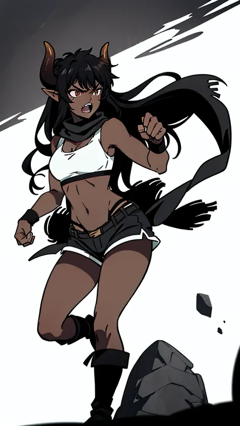 (1girl ,25s,adult,mature female),long hair, black hair,horns,elf ears,((black scarf)),cleavage,(((dark skin))),(black sports bra,black sports, shorts, midriff),leather boots,teeth,angry,knees slightly bent, punch,from front,