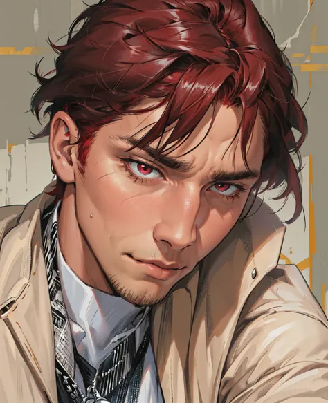 (absurdres, highres, ultra detailed), 1 male, mature, manly, tall muscular, handsome, solo, close up, detailed background, (none background :1.1) short bright red hair, sad eyes, normal emotion