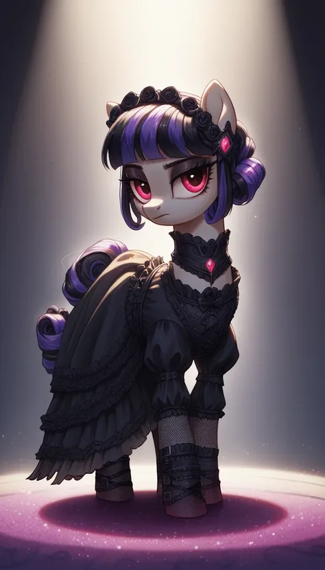 score_9,score_8_up,score_7_up,score_6_up, female, Gothic pony, lolita fashion, glowing backlight, fashion show, catealk scene, glitter, whimsical, enchanted, magical, fantasy art concept, intricate details,