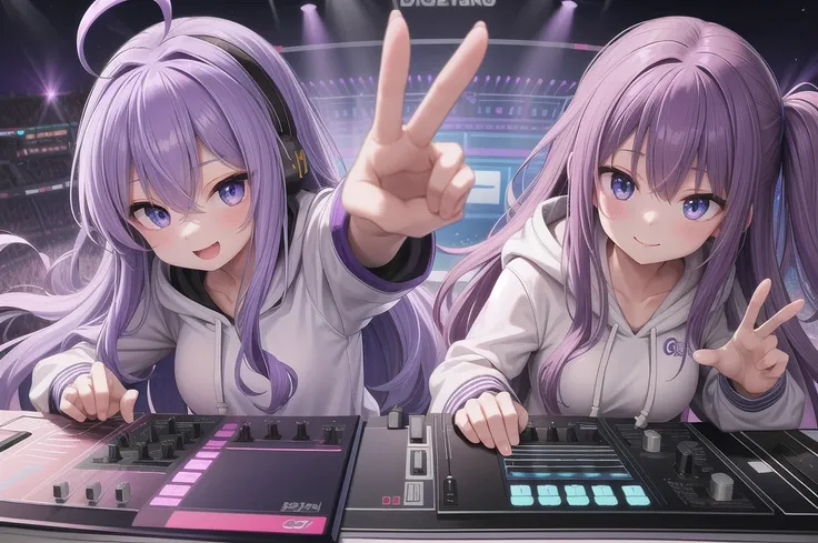 One girl, alone, 20-year-old, Blue Eyes, Purple Hair, Long, beautiful wavy hair, Ahoge, nice smile, White hoodie, Spectacular views, D Cup, headphone, Detailed DJ equipment, djing, masterpiece, Fine Fingers, 最high quality:1.4, high quality, detailed