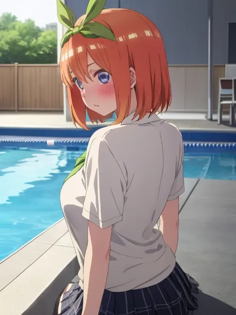 best quality, insanely detailed,yotsuba nakano, poolside background, breasts, blush, back style, look into the distance, school ...