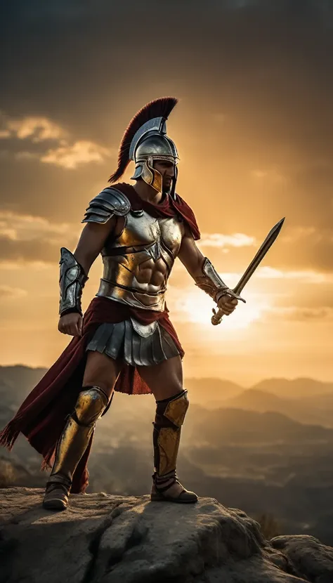 create an image of a spartan warrior standing on a cliff, with the sun setting behind him, battle atmosphere background, hyper r...