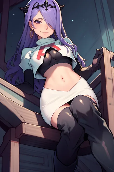 defCamilla, tiara, ,earrings ,lipstick, eye shadow, heavy makeup ,team rocket uniform, red letter R, white skirt,white crop top,black thigh-high boots, black elbow gloves, smile, looking down on viewer, sitting ,crossed legged, night sky background