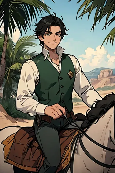 Perfect face, Perfect hands. A black haired male cowboy with green eyes in a sheriffs outfit is riding a horse in the desert with a big smile