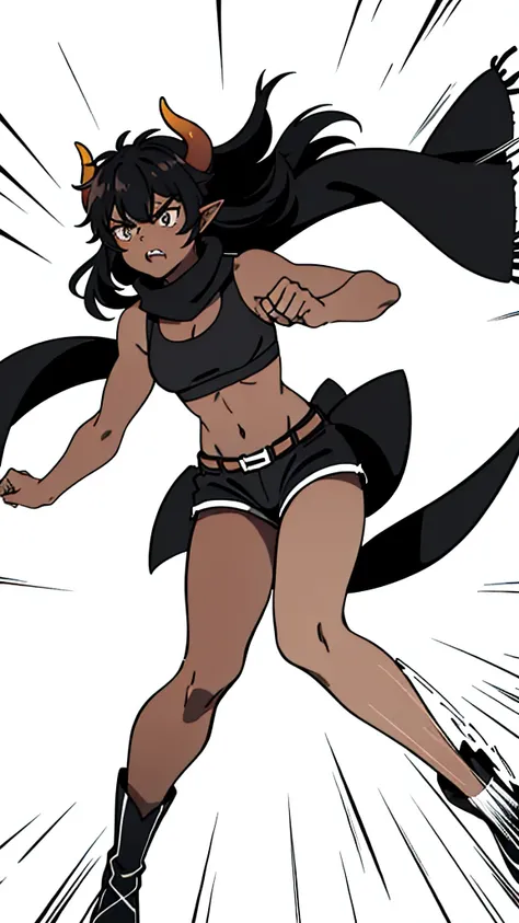 (1girl ,25s,adult,mature female),long hair, black hair,horns,elf ears,((black scarf)),cleavage,(((dark skin))),(black sports bra,black sports, shorts, midriff),leather boots,(white background, line drawing),closed mouth,pov,teeth,angry,knees slightly bent,...