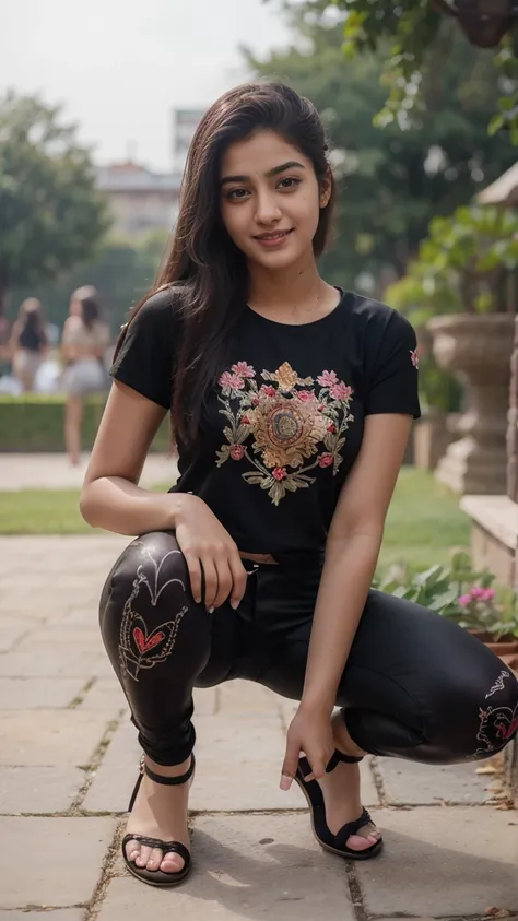 21 yo women Ananya Pandey wearing  embroidery printed chocolate tshirt black jeggings body fit clothes garden full body ((Bant knee photography poses)) sweet smile  perfect anatomy realistic realism ultra detailed eye ultra detailed face 8k