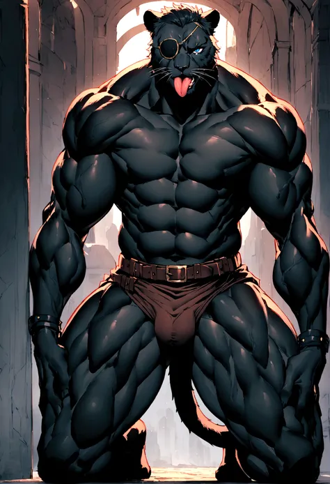 Anthropomorphic leopard，Black Panther，one person，Broad chest muscles，Thick shoulders，Well-developed limbs，Topless，Unobstructed access from thigh to foot，The crotch is hugely raised，Stick out your tongue，Indecent Expressions，blush，Kneeling，Get on all fours，...