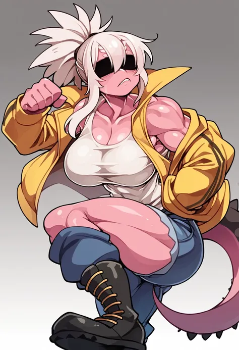 Uma imagau desenha com traços fortes e suaves, common.au.cartoon and cartoon, uma figura fauinina, cabelo ponytail, white hair covering both eyes, lizard snout, lizard snout, white pink skin, big fit ass, musclegirl, White tank top, long sleeve jacket, jea...