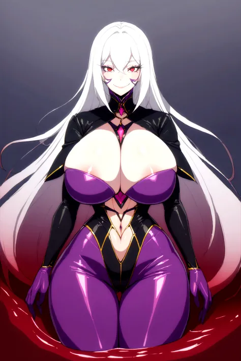 girl, (huge breasts size 128 cm), (narrow waist), Powerful woman, White hair, big butt size 130, beautiful face, fine features, Red eyes, SMILE, evil, psychopath, mileena costume, black suit, coming out of a river of blood