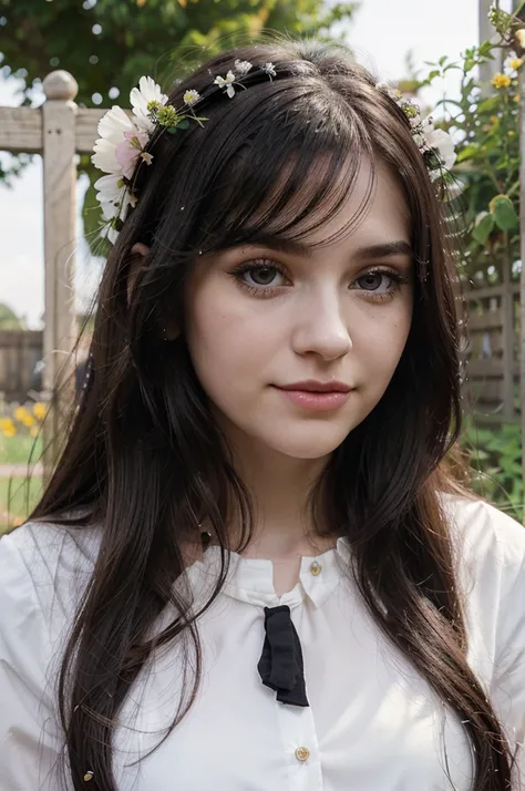 1 woman, 25 years old, british, pale skin, white skin, black hair, straight hair, long hair, onyx black eyes, straight nose, small button nose, big eyes, long eyelashes, pretty woman, pink lips, slightly smile, black blouse, flower crown, in the garden