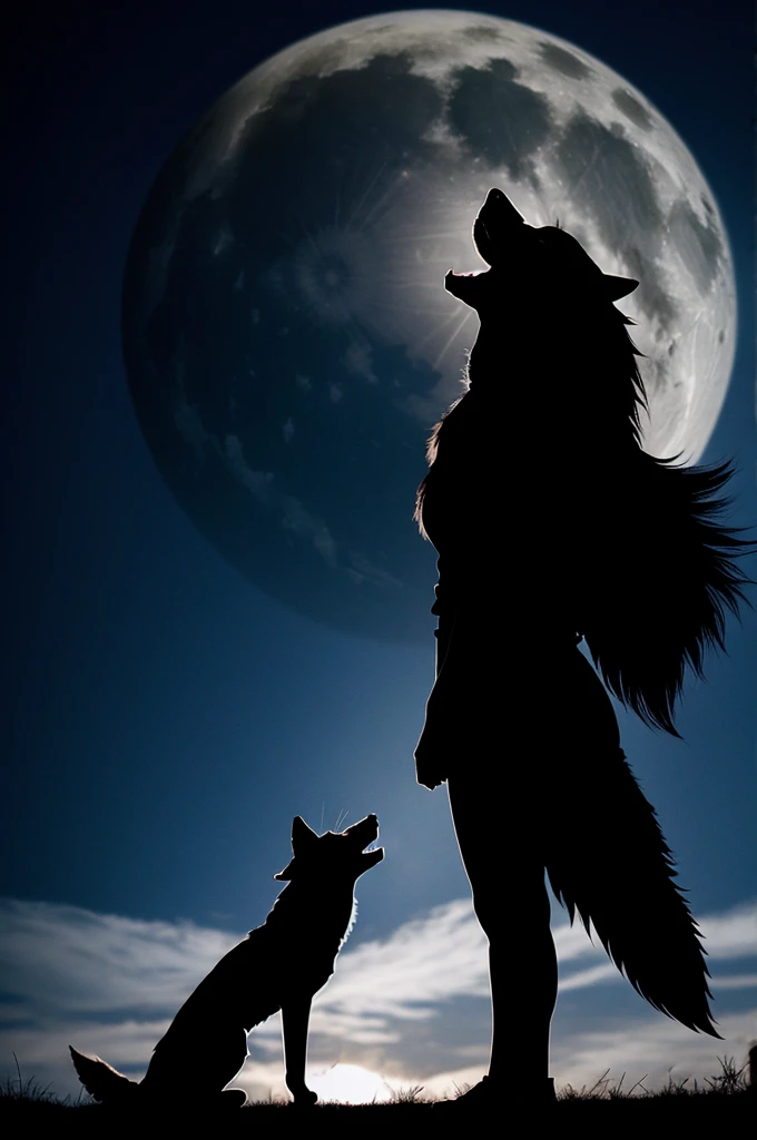 
Silhouette of a howling wolf and that silhouette,  the silhouette of a woman howling 