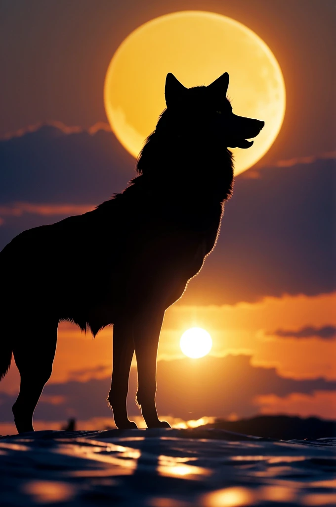 
Silhouette of a howling wolf and that silhouette,  the silhouette of a woman howling, in the background you can see a bright sun 