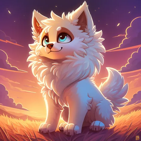 super fluffy puppy in dreamworks art style, evening background