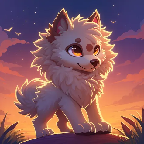 super fluffy puppy in dreamworks art style, evening background