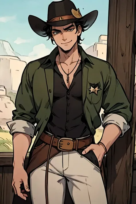 Perfect face, Perfect hands. A black haired male cowboy with green eyes in a sheriffs outfit is smiling while leaning forward in the wild west town
