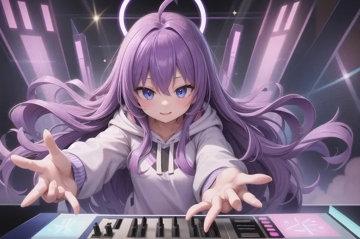 One girl, alone, 20-year-old, Blue Eyes, Purple Hair, Long, beautiful wavy hair, Ahoge, nice smile, White hoodie, Spectacular views, D Cup, Godley, headphone, Detailed DJ equipment, djing, masterpiece, Fine Fingers, 最high quality:1.4, high quality, detaile...