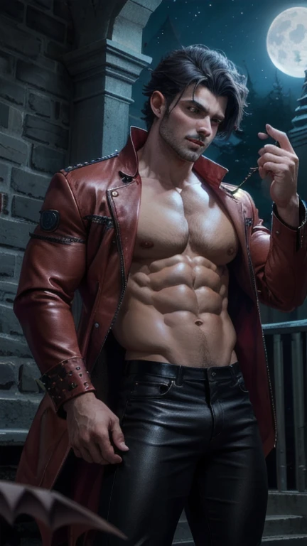 ((Best Quality)), ((Masterpiece)), (detailed), Perfect face, Male body, Perfect body, body, six pack, perfect abs, body entero, male face, rey, White suit, black fur, shirtless, elegant, arm muscle, Usando magic de rayo, Red eyes, black leather pants, Look...