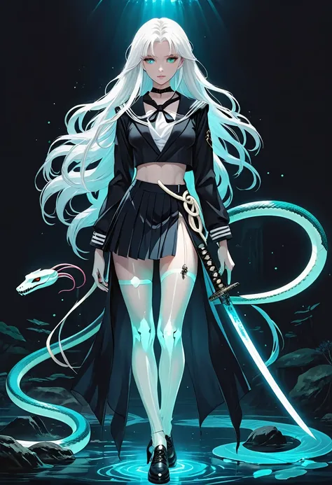 1 Girl，Unique，Long white hair，Black sailor suit pleated skirt，Holding a Japanese sword，Long legs，(((A transparent bioluminescent bone snake wrapped around the body)))