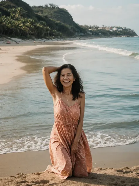 RAW PHOTO, her name is Dolores, high quality, 1 old woman, ((58-year-old slim filipina woman)), (((58 years old))), ((slim body)), ((wrinkled body)), (((old body))), (((long hair))), she is wearing a modest Generation X flowy sundress, POSE: kneeling, happ...